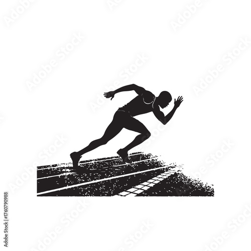 Silhouette of male runner starting race on track with textured ground Keywords: runner, running, race, track, sprinter, athlete, sport, athletics, speed, movement, power, determination
