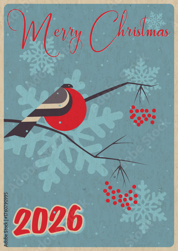 Mid Century Modern Christmas Greeting Card, 1950s - 1960s Postcards Style Illustration, 2026 Merry Christmas Poster. Vintage Colors, Aged Paper Texture