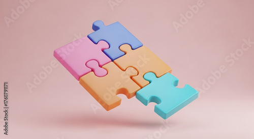 Four pastel colored puzzle pieces in a light pink background symbolizing connection and completion