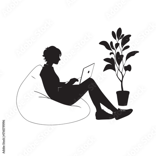 Silhouette of person working on laptop on beanbag chair next to potted plant on white background computer