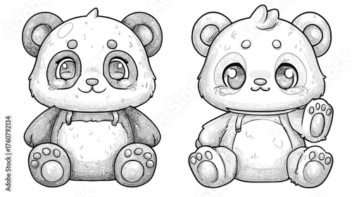 Cute cartoon baby pandas, hand-drawn line art illustration set. Adorable kawaii animal characters for coloring books or graphic design.