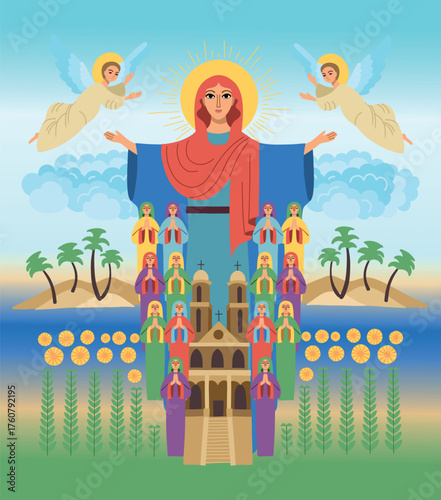 Holy Virgin Mary icon vector. Beautiful Virgin Mary icon on a blue background in the clouds with two angels and women praying.