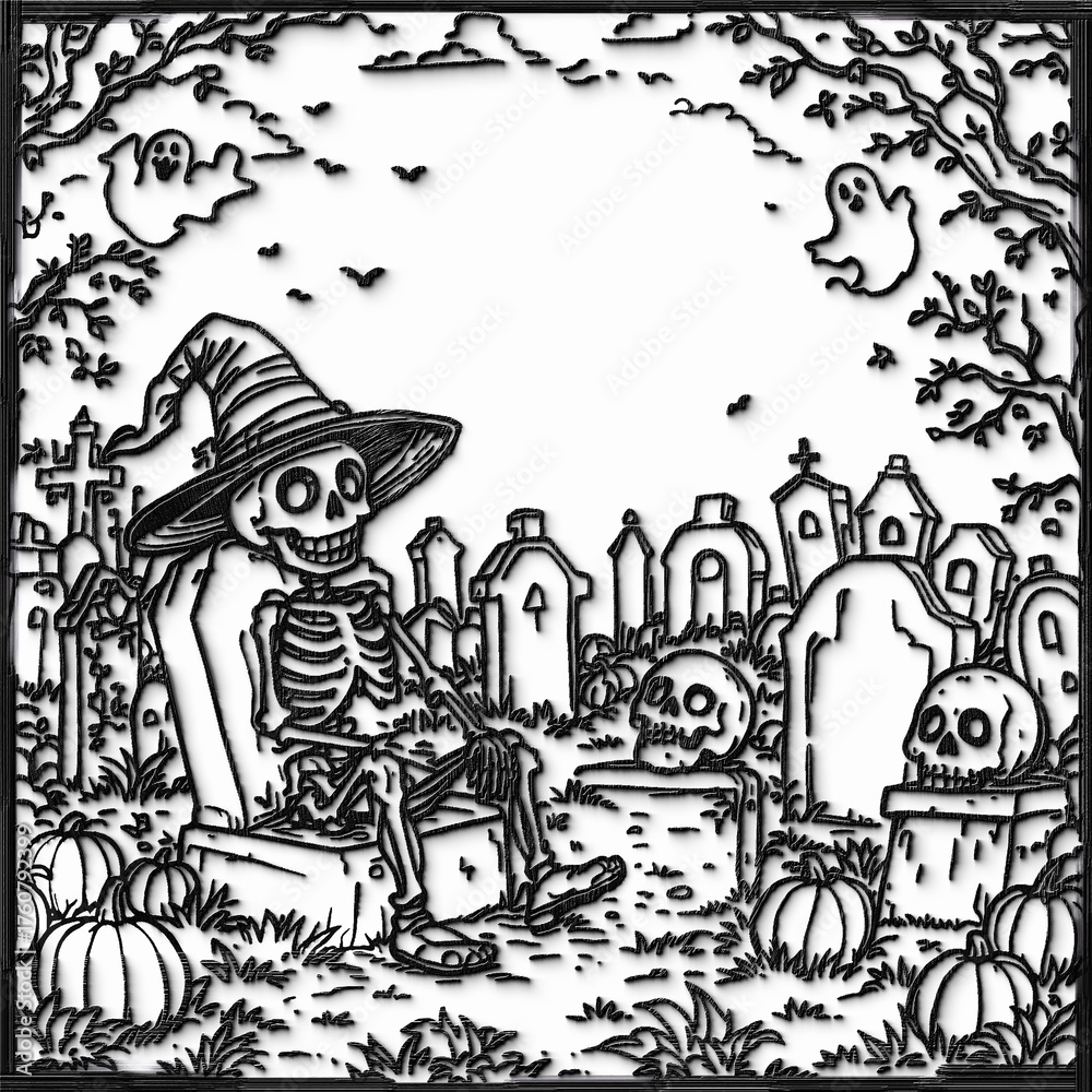 Obraz premium Skeleton wearing witch hat resting in graveyard on halloween