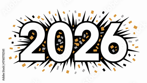 Explosive new year 2026 celebration with vibrant confetti and dynamic starburst effect symbolizing future possibilities and excitement