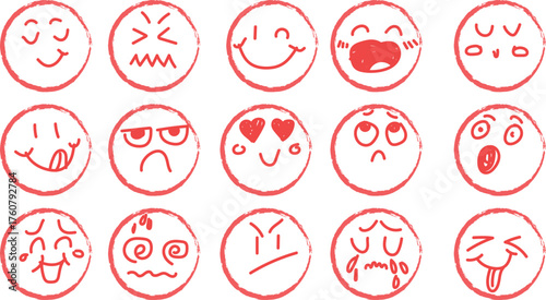 Hand drawn crayon emotion faces set mood icons happy sad mad crying love fun