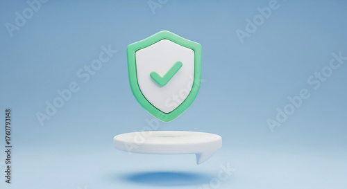3d rendered green and white shield with checkmark floating above a white podium against a soft blue background