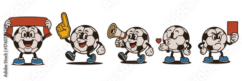 Set of vintage soccer ball mascots in action with happy expressions, for sports and event graphics