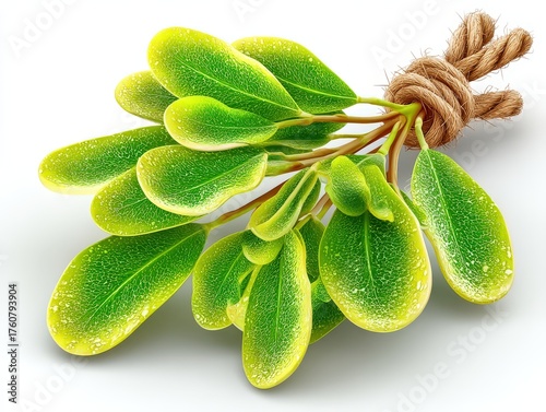 Lush green botanical leaves with intricate texture and rich color displaying droplets of water tied with natural rope evoking a sense of rejuvenation and organic beauty in a minimalist