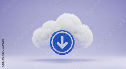 Fluffy white cloud icon with blue download arrow symbol floating against a soft purple background