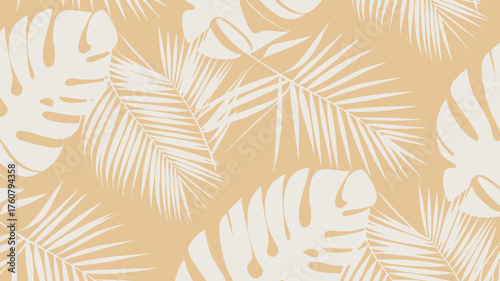 Tropical vibes with palm leaves and monstera silhouettes create a stunning summer pattern, perfect for backgrounds and textiles in vibrant colors