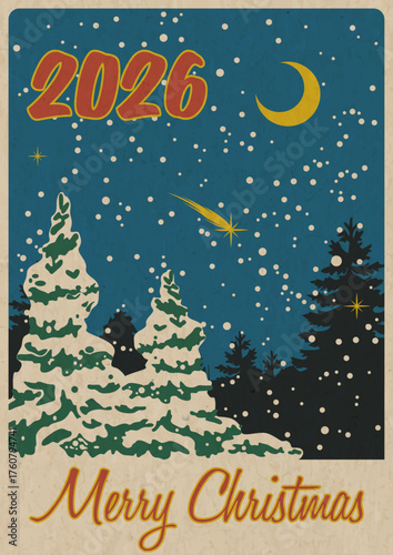 Mid Century Modern Christmas Greeting Card, 1950s - 1960s Postcards Style Illustration, 2026 Merry Christmas Poster. Vintage Colors, Aged Paper Texture