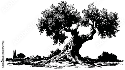 Classic hand-drawn ink illustration of a majestic old tree with a gnarled trunk and dense foliage, vintage black and white nature sketch art.