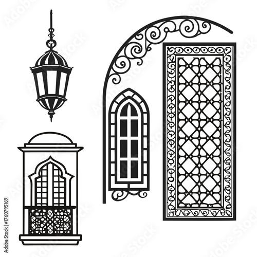 Collection of ornate islamic architectural elements including a hanging lantern a balcony window a gothic arch window and a decorative screen