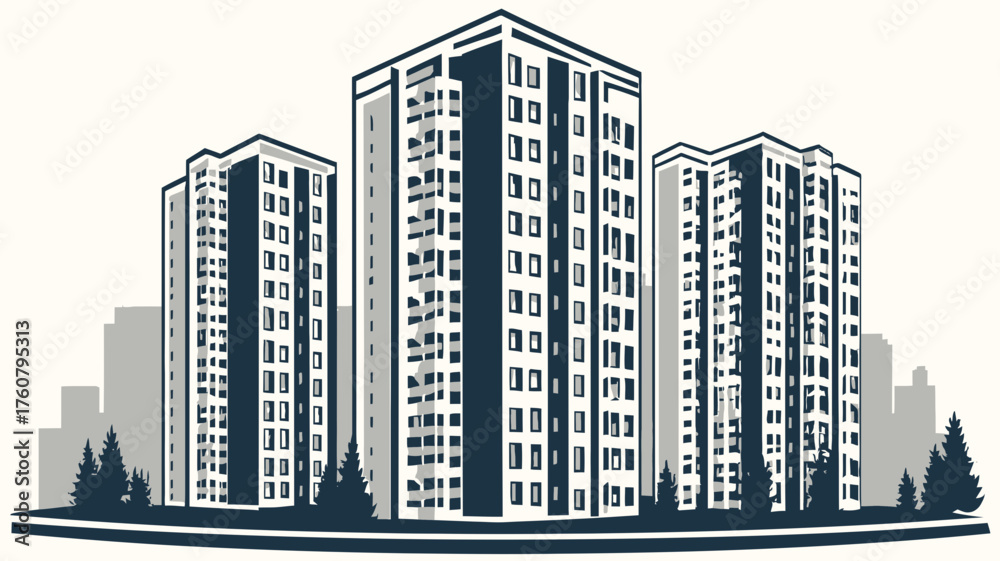 Obraz premium Vector illustration of modern urban high-rise apartment buildings. Contemporary city architecture with residential towers and skyline.