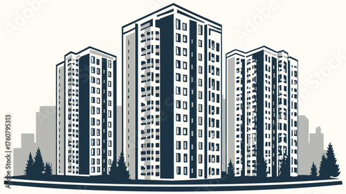 Vector illustration of modern urban high-rise apartment buildings. Contemporary city architecture with residential towers and skyline.