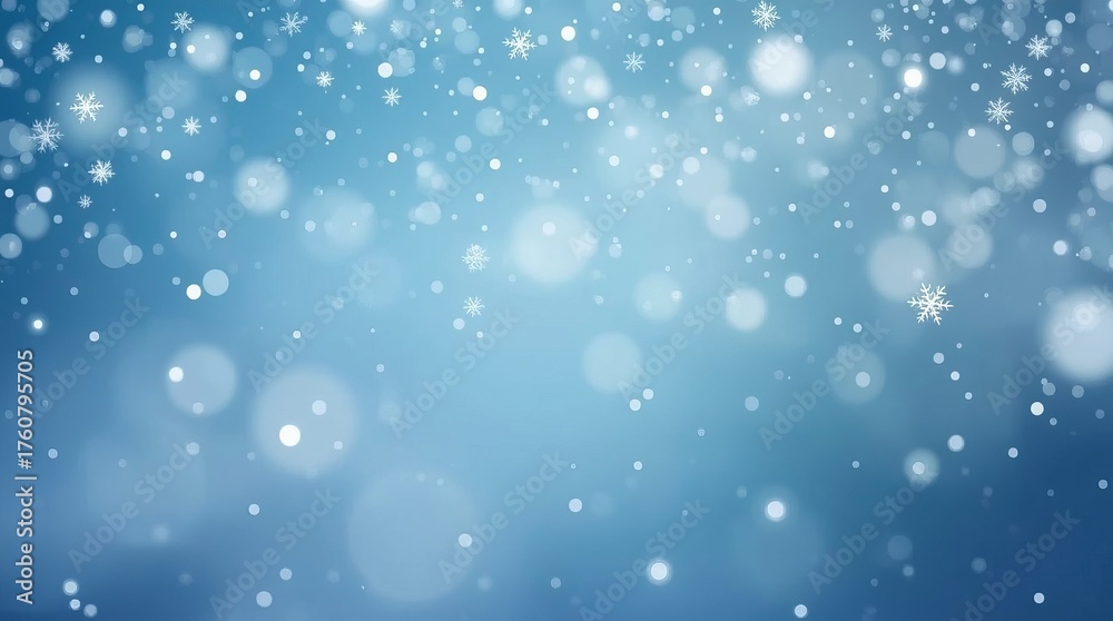 Fototapeta premium Blue winter background with falling snowflakes. Soft falling snowflakes illuminate a serene winter landscape with gentle light