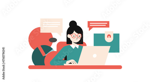 Professional woman analyzing data and communicating online using a laptop