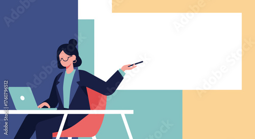 Businesswoman presenting with laptop and blank screen for message