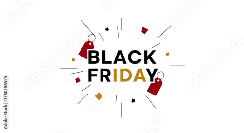 Dynamic Black Friday illustration for advertising featuring sale tags and geometric abstract burst