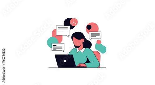 A woman working on a laptop surrounded by data reports and chat bubbles Remote work concept