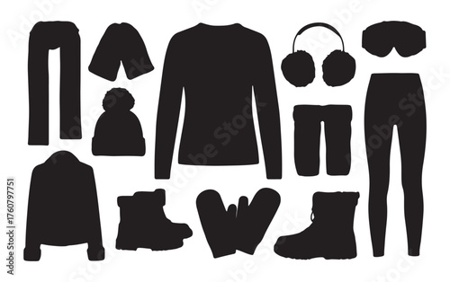 Winter Clothing Essentials Silhouette Icons – Cold Weather Gear Vector Set.