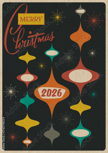 Mid Century Modern Christmas Greeting Card, 1950s - 1960s Postcards Style Illustration, 2026 Merry Christmas Poster. Vintage Colors, Aged Paper Texture