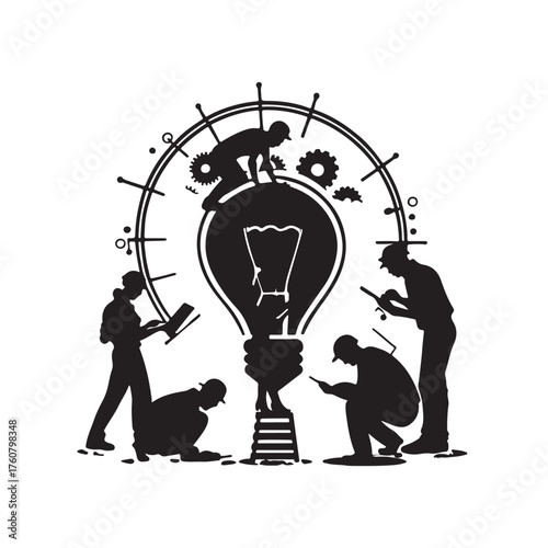 Silhouetted workers collaborate to build a giant light bulb symbolizing innovation and ideas Keywords: light bulb, idea, innovation, teamwork, collaboration, construction, engineering, workers