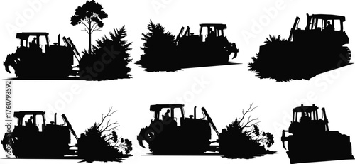 Silhouette vector illustration of bulldozers pushing trees and bushes, land clearing, deforestation, construction, heavy machinery, environment, industry, nature, and impact