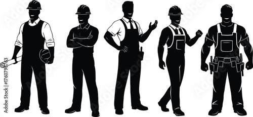 Silhouette vector illustration of construction and engineering workers with tools, blueprint, hard hat, teamwork, supervision, planning, labor, industry, and profession