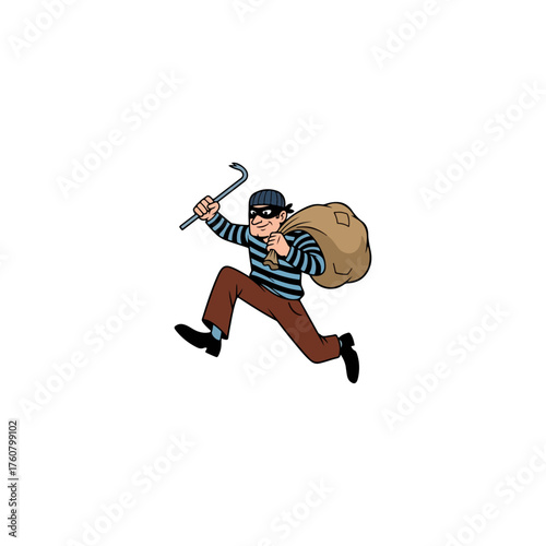 Cartoon thief running with a bag and a crowbar