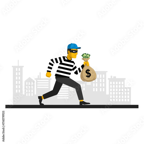 Cartoon thief with a money bag running in the city