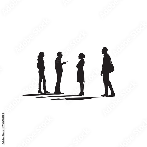 Silhouettes of Four People Standing and Talking on White Background Keywords: people, silhouettes, standing, talking, conversation, group, individuals, men, women, casual, business, discussion