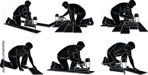 Silhouette vector illustration of construction worker installing flooring with planks, nailer, measuring, repair, renovation, carpentry, labor, building, home improvement
