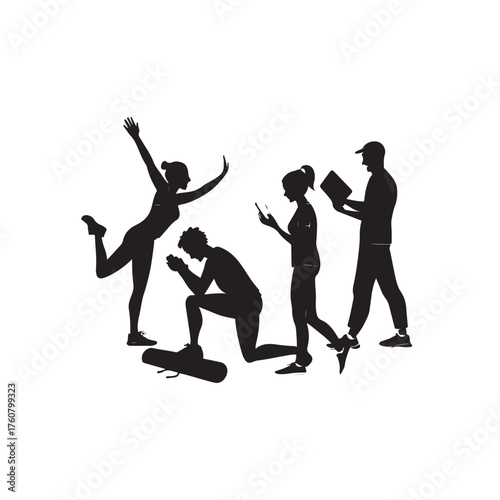 Silhouettes of people engaged in different activities with technology on white background group activity