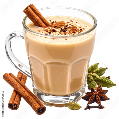Chai tea with cinnamon sticks, cardamom Pods isolated on white transparent background Remove png