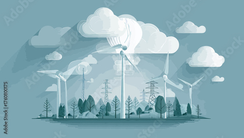 Illustration of Wind Turbines and Cloud with Renewable Energy Concept