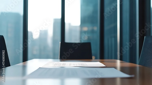 Conference room meeting table business documents cityscape modern office space for corporate discussions