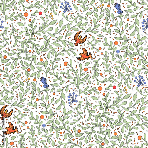 Delicate seamless graphic pattern with branches, leaves, and birds, inspired by medieval miniatures
