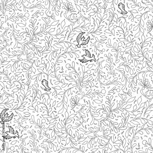 Delicate seamless graphic pattern with branches, leaves, and birds, inspired by medieval miniatures
