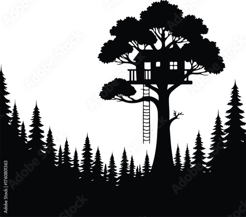 Silhouette of a treehouse nestled within a dense forest of pine trees, featuring a ladder leading up to the structure, isolated on white background