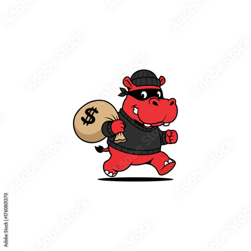Red hippo thief running with a bag of money after a robbery.