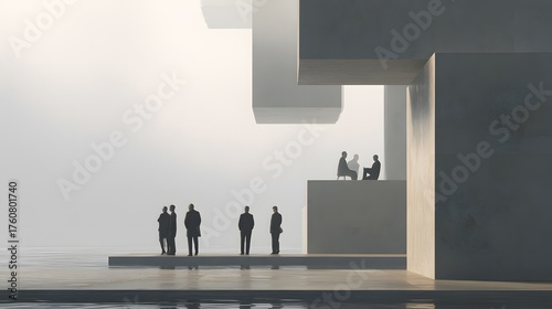 Abstract Modern Gathering of Silhouetted Figures in Minimalist Landscape