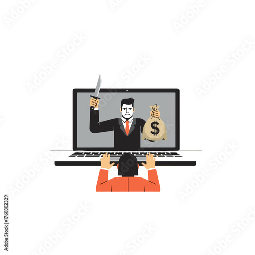Online threat concept with a man holding a knife and a bag of money