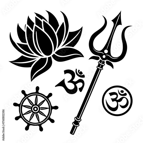 Collection of indian religious symbols lotus om symbol and trident