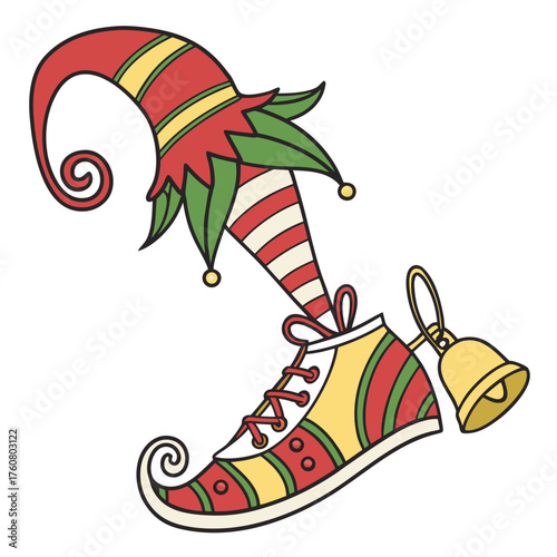 Holiday Elf's Playful Footwear: Whimsical illustration of a festive elf's foot, adorned in vibrant striped stockings, charming pointed shoe, and a dangling bell, all hinting at joyful holiday spirit.
