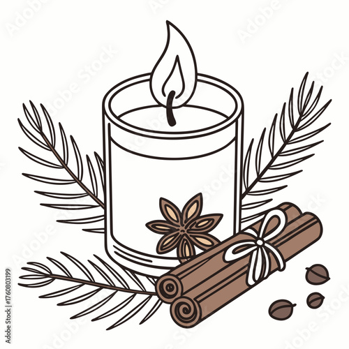 Aromatic Still Life: A detailed illustration of a lit candle surrounded by cinnamon sticks, star anise, and pine sprigs, creating a warm, inviting ambiance.