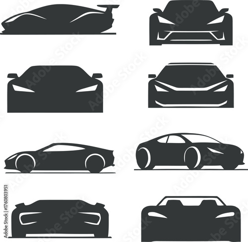 Collection of modern sports car silhouettes viewed from multiple angles including front side and rear perspectives