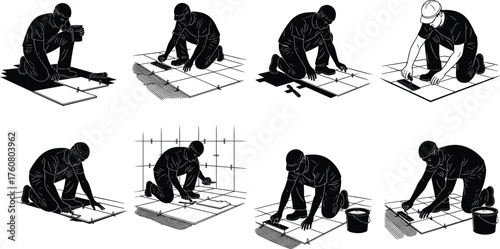 Silhouette vector illustration of construction workers installing ceramic floor tiles with adhesive, grout, trowel, alignment, renovation, repair, labor, and improvement