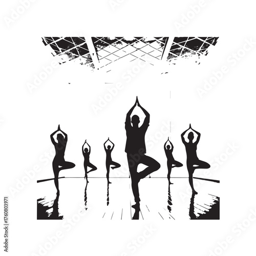 Silhouettes of people practicing yoga in a studio with reflective floor and textured ceiling Keywords: yoga, meditation, fitness, exercise, health, wellness, balance, flexibility, silhouette