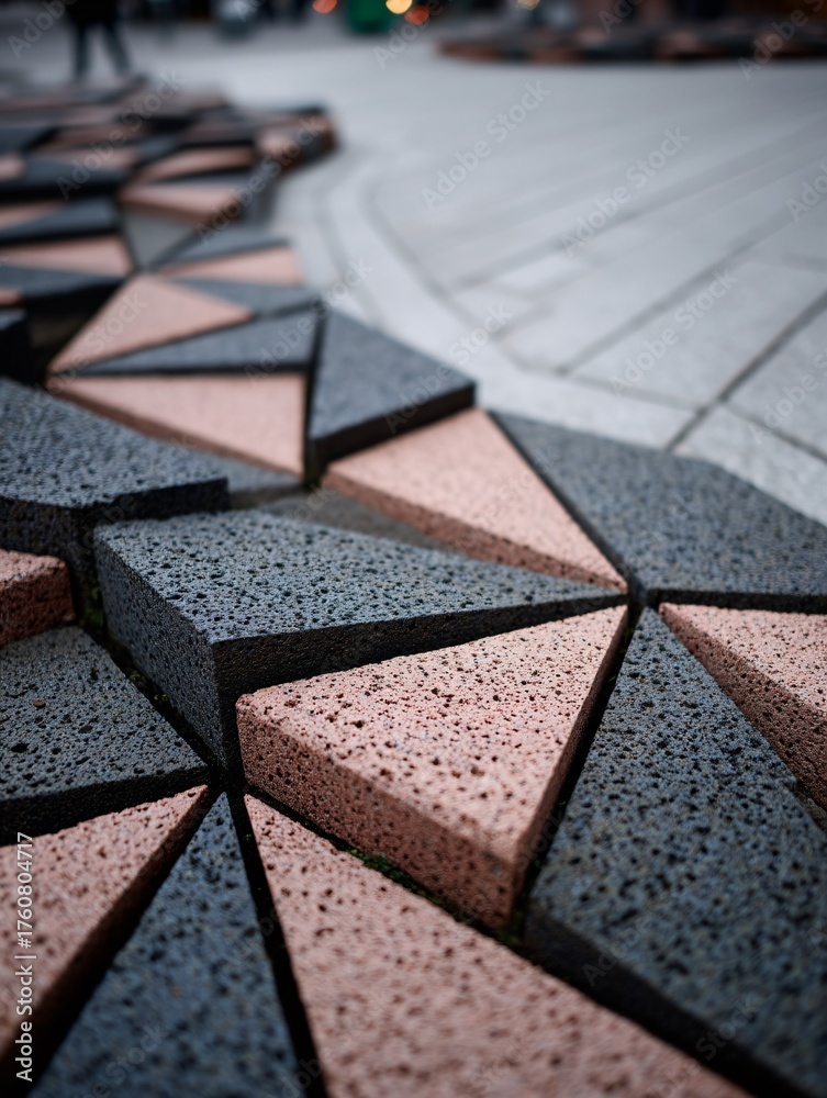 Fototapeta premium tiles in trapezoid shapes with blended tones of ochre and charcoal arranged in a repeating pattern floor surface view with light grout joints trapezoid tile shapes angular pattern floor surface 